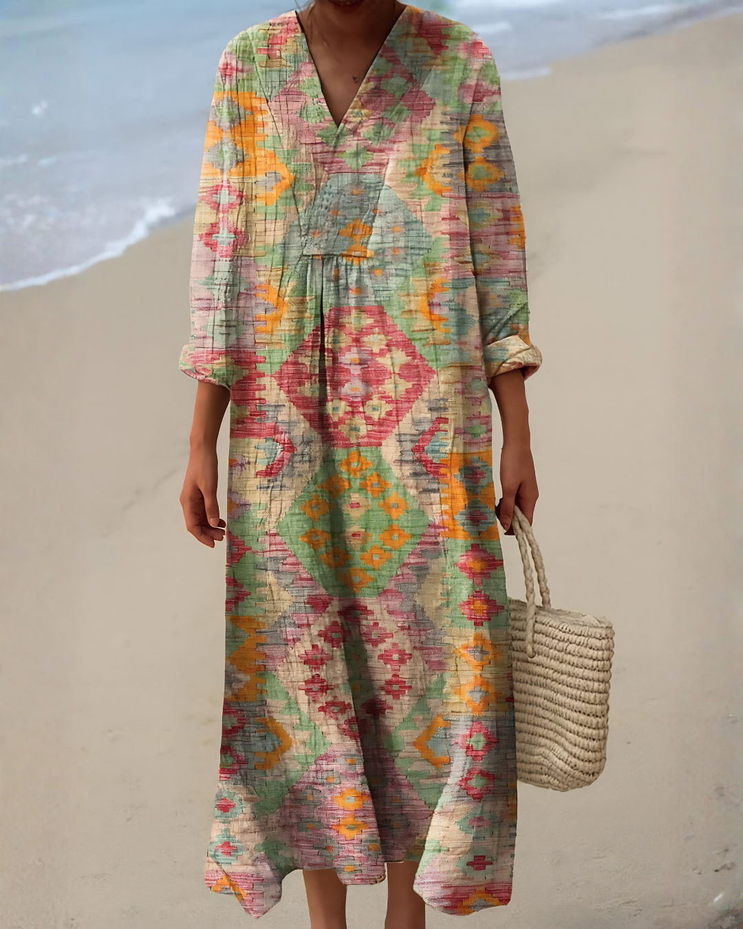 Inés | Vestido fluido con estampado étnico multicolor