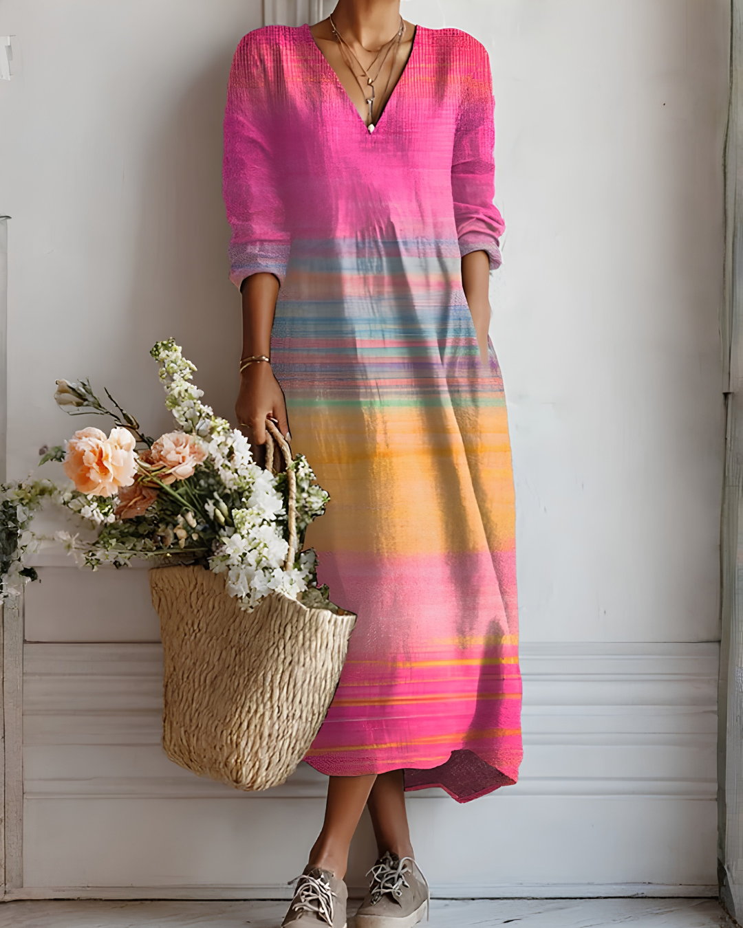 Carmen | Vestido midi fluido multicolor con degradado vibrante