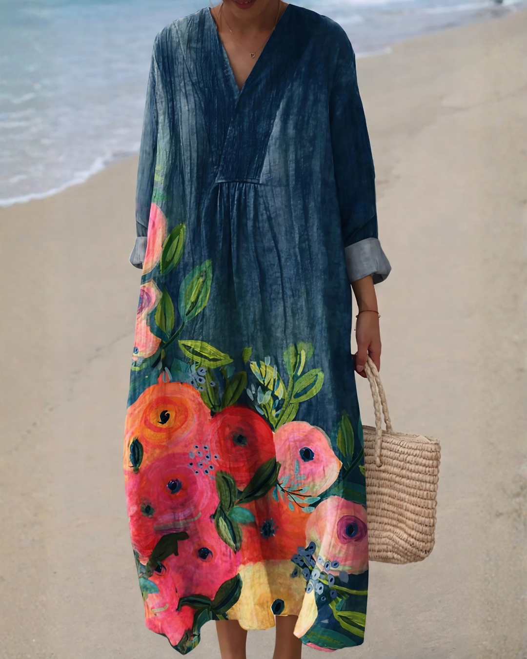Aitana | Vestido fluido azul con estampado floral artístico