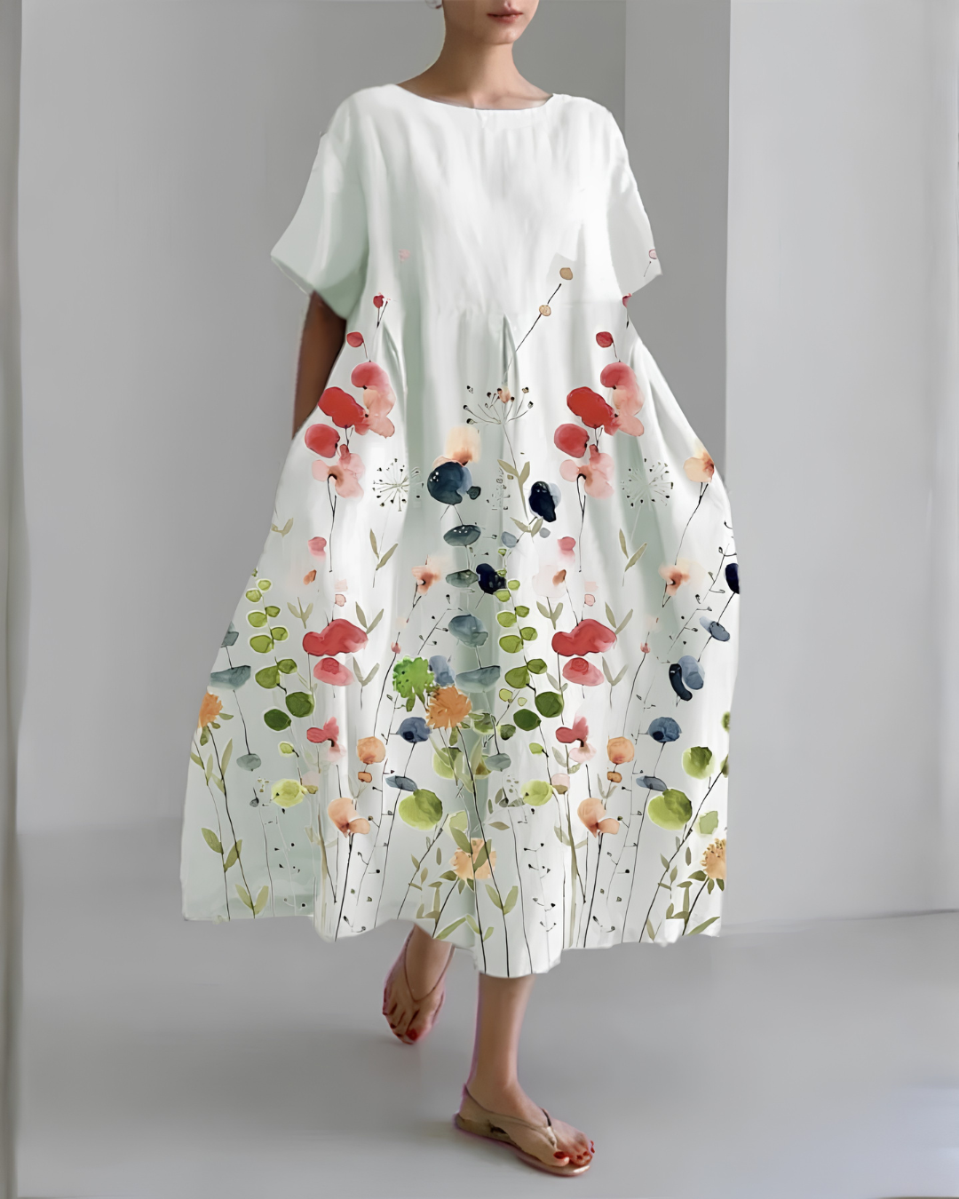 Beatriz | Vestido midi fluido blanco con estampado floral delicado