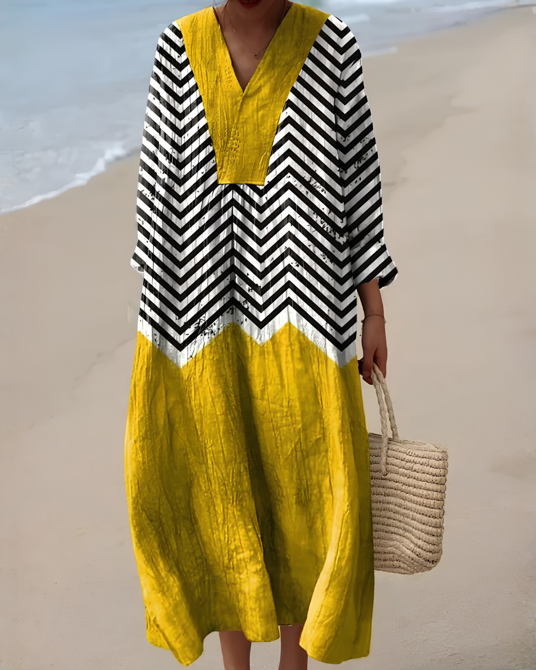 Naira | Vestido midi fluido amarillo con estampado geométrico moderno