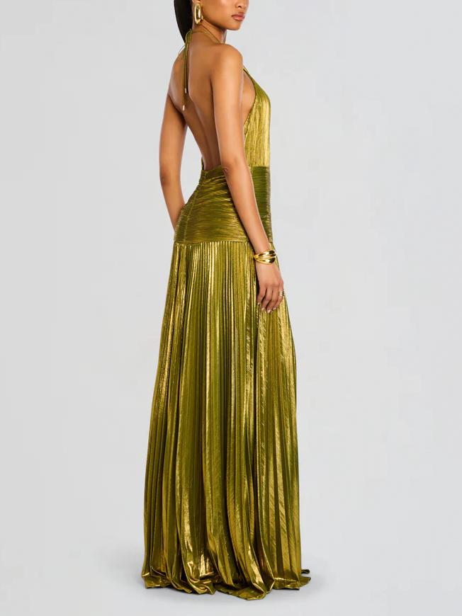Lara | Vestido maxi halter metalizado elegante