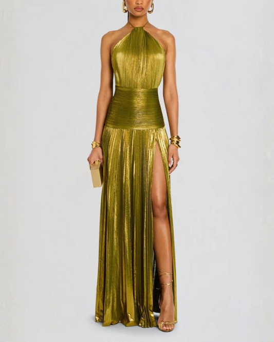 Lara | Vestido maxi halter metalizado elegante