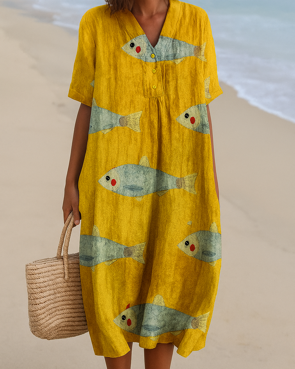 Sol | Vestido midi fluido con estampado de peces y escote en V