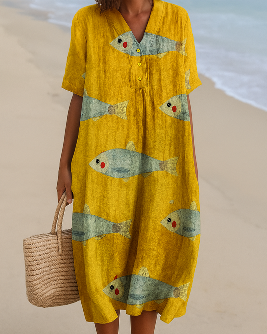 Sol | Vestido midi fluido con estampado de peces y escote en V