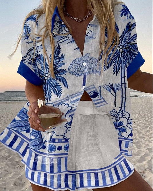 Jimena | Conjunto veraniego blanco y azul con estampado tropical