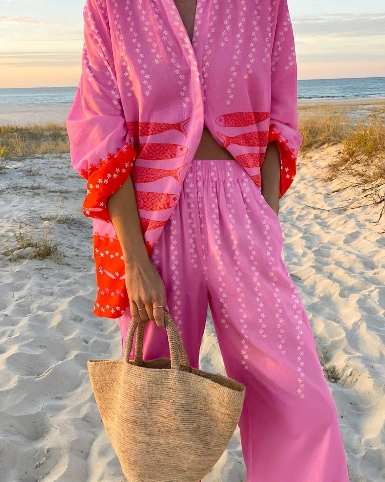 Adriana | Conjunto veraniego rosa con estampado marino